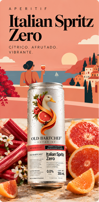 Ilustración de Italian Spritz Zero con lata frente a un pueblo costero al atardecer