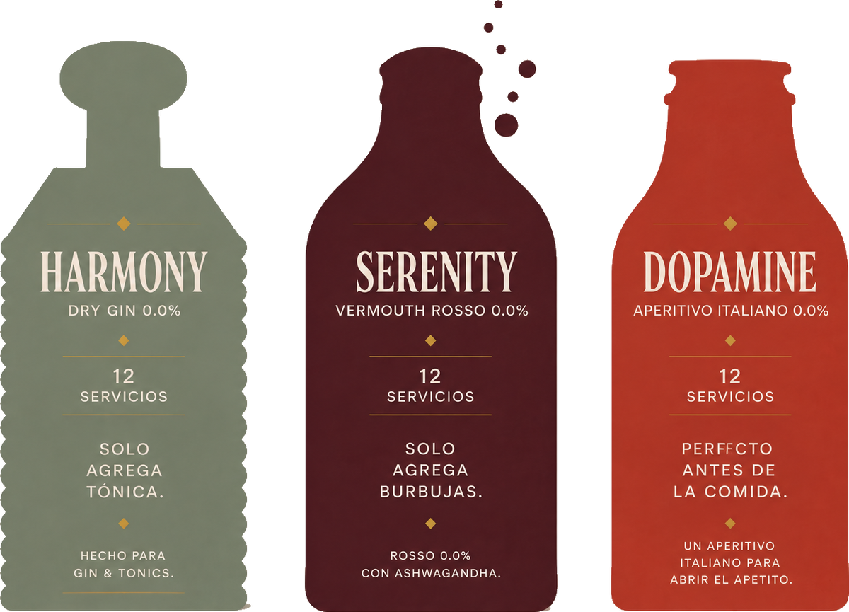 Guía visual de las tres botellas Old Bartchef: Harmony, Serenity y Dopamine