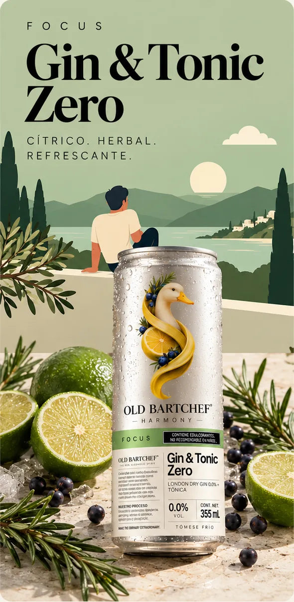 Ilustración de Gin & Tonic Zero: una lata Old Bartchef frente a un paisaje mediterráneo al atardecer